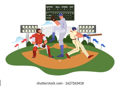 Baseball player throwing and hitting a ball. Baseball player training. Athlete on the stadium. Championship tournament, team sport concept. Isolated vector illustration in cartoon style