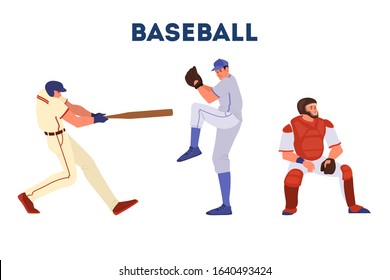 Baseball player throwing and hitting a ball. Baseball player training. Athlete set. Championship tournament, team sport concept. Isolated vector illustration in cartoon style