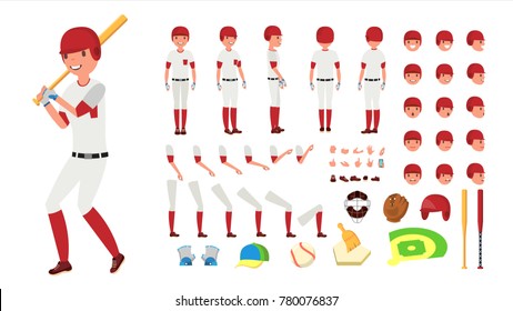 Baseball Player Vector. Animated Character Creation Set. American Base Ball Tools And Equipment. Full Length, Front, Side, Back View, Accessories, Poses, Face Emotions, Gestures. Isolated Flat Cartoon