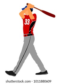 Baseball player vector illustration. baseball batter hitting Ball with bat for Home run. Sportsman on the field. 