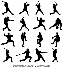 baseball player vector silhouette set