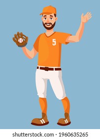 Baseball player waving hand. Sportsman in cartoon style.