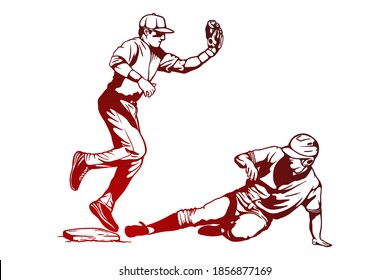 Baseball players in action Vector illustration - Hand drawn - Out line