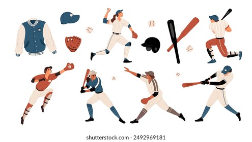 Baseball players. American sports game elements. Special equipment. Baseballers hitting with bats. Athletes in dynamic poses. Competitive match. Pitchers positions