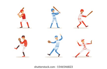 Baseball players with bats and gloves. Vector illustration on a white background.