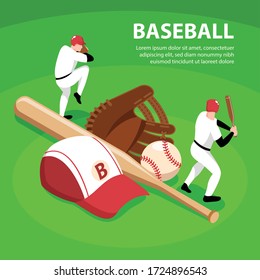 Baseball players cap bat ball and glove on green background 3d isometric vector illustration