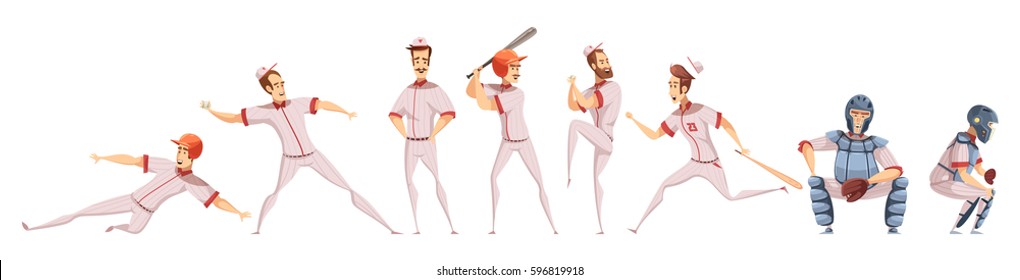 Baseball players colored icons set with cartoon sportsman figurines in different poses on white background flat isolated vector illustration