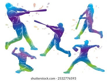 Baseball Players Colorful Vector Silhouette Illustration Set Isolated On A White Background. 