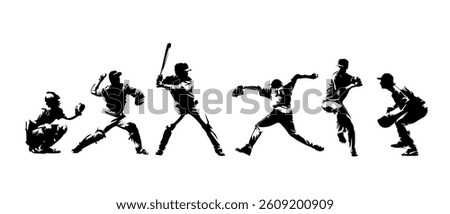 Baseball players at different positions, group of baseball players, isolated vector silhouettes, team sports high contrast illustrations
