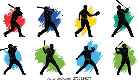 Jugadores de béisbol en poses dinámicas con fondos coloridos