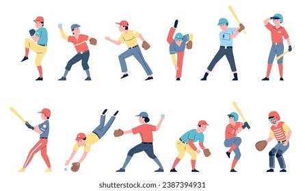 Baseball players flat characters. American sport athletes game. Catcher, pitcher wear gloves and hitting ball with bat. Cartoon recent vector set