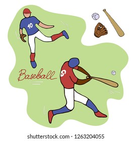 Baseball players in flat design on green background. Vector illustration.
