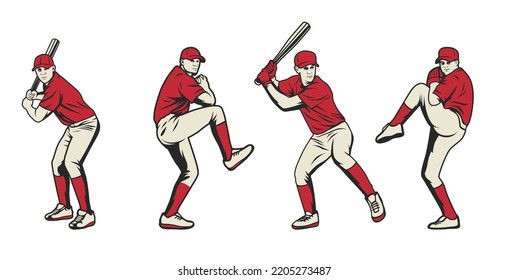 Baseball players illustration vector collection. Set of baseball player illustration vector 