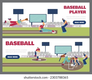 Baseball players on field catching and throwing ball, web banners set - flat vector illustration. Baseball game advertising. Professional baseball pitcher, batter and catcher.