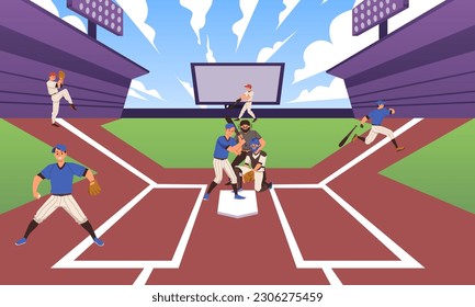 Baseball players on field playing, cartoon flat vector illustration. Professional baseball team with pitcher, catcher and batter. Concept of sports game.