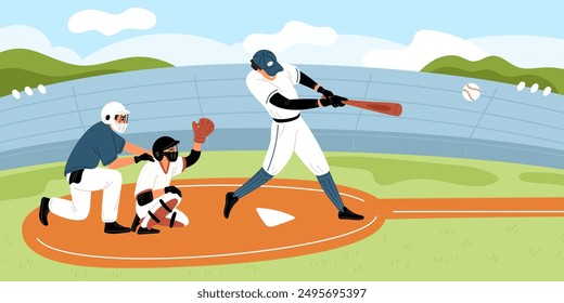 Baseball players on field. Sports championship. People fall down and hit ball with bat. Athletes in uniforms with helmets. Competitive match at stadium. Team game. Garish