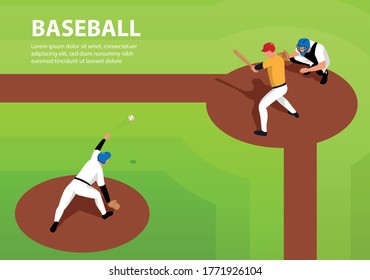 Baseball players on sports field 3d isometric horizontal vector illustration