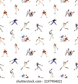 Baseball players pattern. Seamless background with sport game print. Repeating texture design with athletes playing, people in action, motion, different positions. Colored flat vector illustration