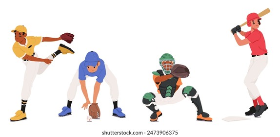 Baseball Players Pitcher, Catcher And Batter In Action. Each Player Is Depicted In A Dynamic Pose, Representing Different Aspects Of The Game. Vector Image For Sports And Teamwork Related Concepts