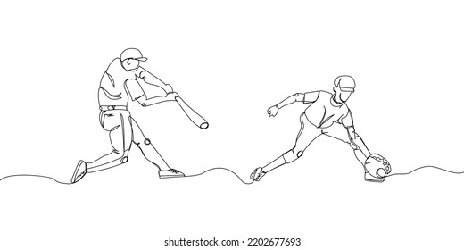 Baseball players, pitcher, catcher set one line art. Continuous line drawing sport, team game, catch ball, baseball glove, protective, batter, baseball uniform, man, leisure, hobby.