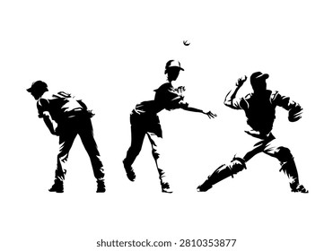 Baseball players, pitcher throwing ball, group of isolated vector silhouettes. Ink drawing