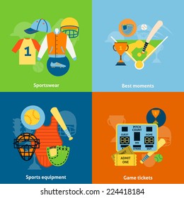 Baseball players protective sportswear equipment match scoreboard and trophy celebration flat icons infographics vector illustration