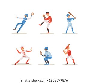 Baseball Players Set, Cheerful Softball Athletes Characters in Red and Blue Uniform Cartoon Vector Illustration