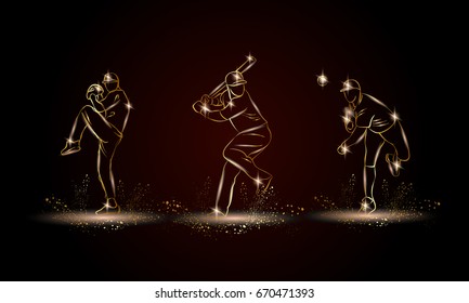 Baseball players set. Golden linear Baseball player illustration for sport banner, background and flyer.