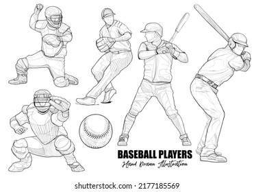 baseball players set. hand drawing of sport. vector illustration.