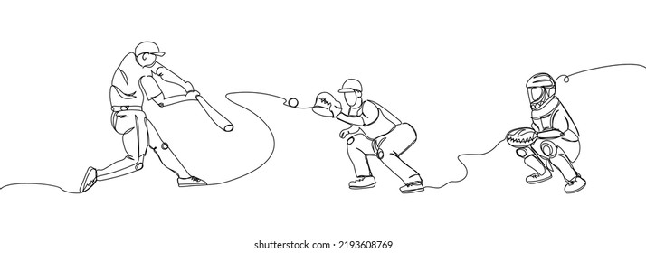 Baseball players set one line art. Continuous line drawing sport, team game, catch ball, pitcher, baseball glove, protective uniform, batter, pitcher, catcher, baseball uniform, man, leisure, hobby.