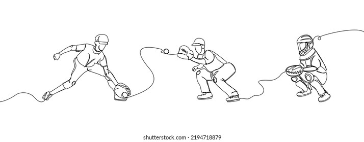 Baseball players set one line art. Continuous line drawing sport, team game, catch ball, baseball glove, protective, batter, pitcher, catcher, baseball uniform, man, leisure, hobby.