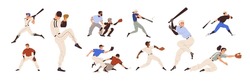 Baseball Players Set. Pitchers, Catchers, Batters And Hitters Throwing, Catching And Hitting Ball With Bats And Gloves. American Sports Game. Flat Vector Illustration Isolated On White Background