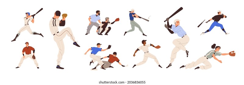 Baseball players set. Pitchers, catchers, batters and hitters throwing, catching and hitting ball with bats and gloves. American sports game. Flat vector illustration isolated on white background - Shutterstock ID 2036836055