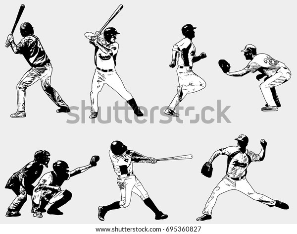 野球選手セット スケッチイラスト ベクター画像 のベクター画像