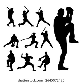 baseball players silhouettes in action poses