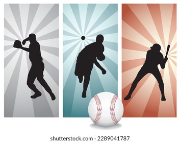 Siluetas de jugadores de béisbol set 2, catcher, base, hit ball