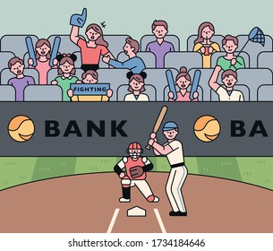 Baseball players and stadium spectators. Baseball stadium background. flat design style minimal vector illustration.