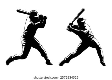 Baseball players swinging bats in action poses, batter hitting vector silhouette, transparent on a white background