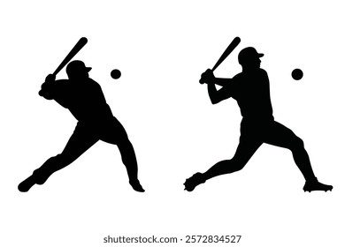 Baseball players swinging bats in action poses, batter hitting vector silhouette, transparent on a white background