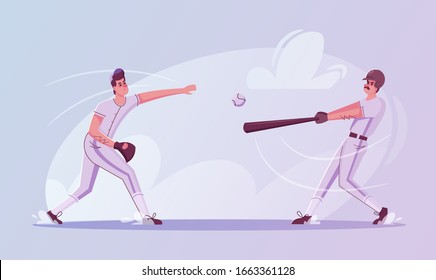 Baseball players are training. Character design. Cartoon flat illustration. Pitcher and hitter. Sport concept. Man throw a ball. Person hits the ball.