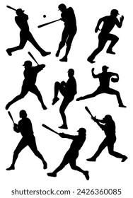 Baseball players vector silhouette black and white