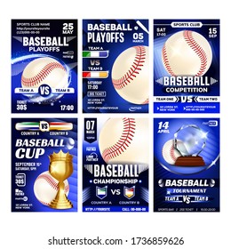 Juego de Juegos de Béisbol Volantes Afiches Set Vector. Pelota De Cuero Con Stitching De Hilo Rojo Y Bat, Glove And Mug, Banners Diferentes De La Colección Deportiva Estadounidense De Béisbol. Ilustraciones de plantillas de concepto