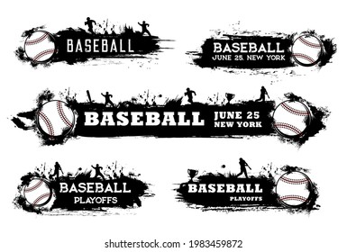 Baseball playoff banners and softball sport tournament vector flags. Baseball team and league championship playoff flags with players, ball and victory cup on black halftone background