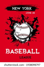 Baseball poster or flyer, softball tournament vector background with ball on base. Baseball championship and sport game banner with players silhouettes at field with bats, halftone grunge template