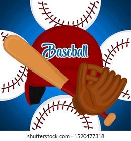 Baseball poster with a baseball helmet, bat, ball and glove - Vector
