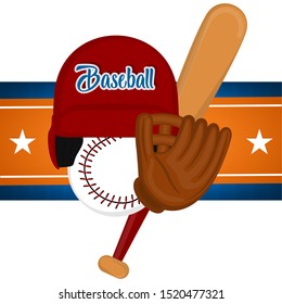 Baseball poster with a baseball helmet, bat, ball and glove - Vector