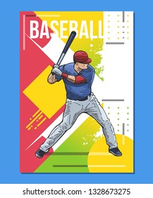 Baseball poster, placard. Vector illustration of a baseball player with bat, ready to hit. Beautiful sport themed poster. Abstract background, summer sports, team game