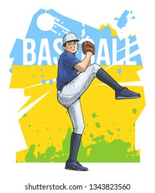 Baseball poster, placard. Vector illustration of a baseball player ready to throw ball. Beautiful sport themed poster. Abstract background, summer sports, team game