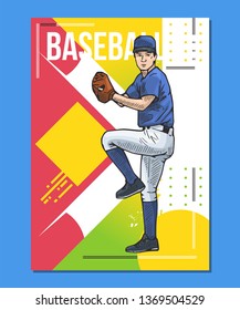 Baseball poster, placard. Vector illustration of a baseball player ready to throw ball. Beautiful sport themed poster. Abstract background, summer sports, team game