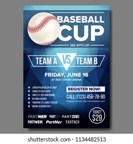 Baseball Poster Vector. Baseball Ball. Design For Sport Bar Promotion. Club, Academy Flyer. Game Tournament Announce. Invitation Template Illustration